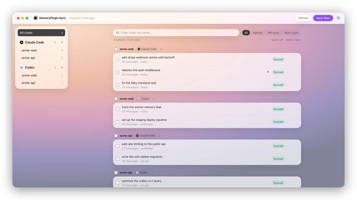 MemoryPlugin ships macOS Sync for Claude Code, Codex and Cursor sessions