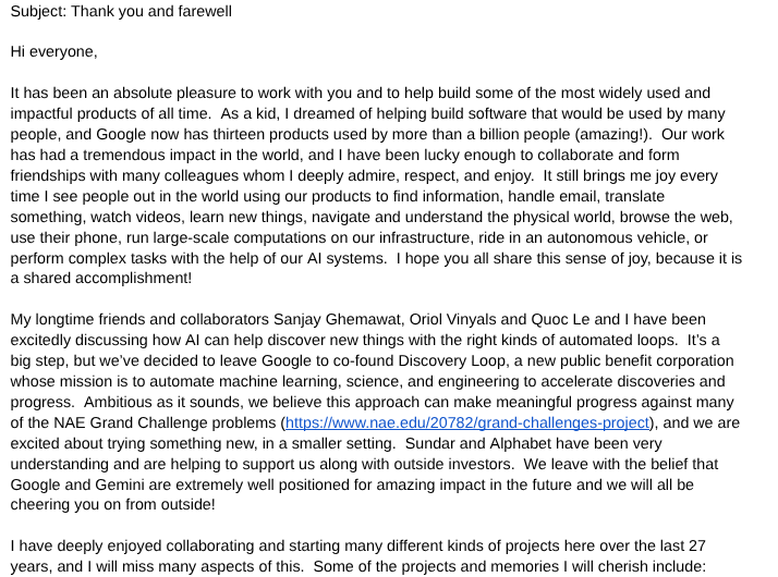 Jeff Dean to Leave Google After 27 Years