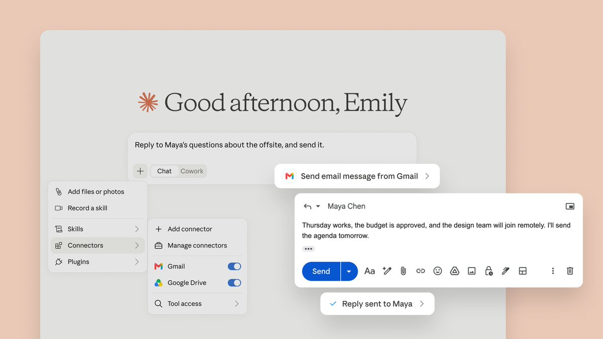 Claude can send Gmail emails and manage Google Drive on paid plans