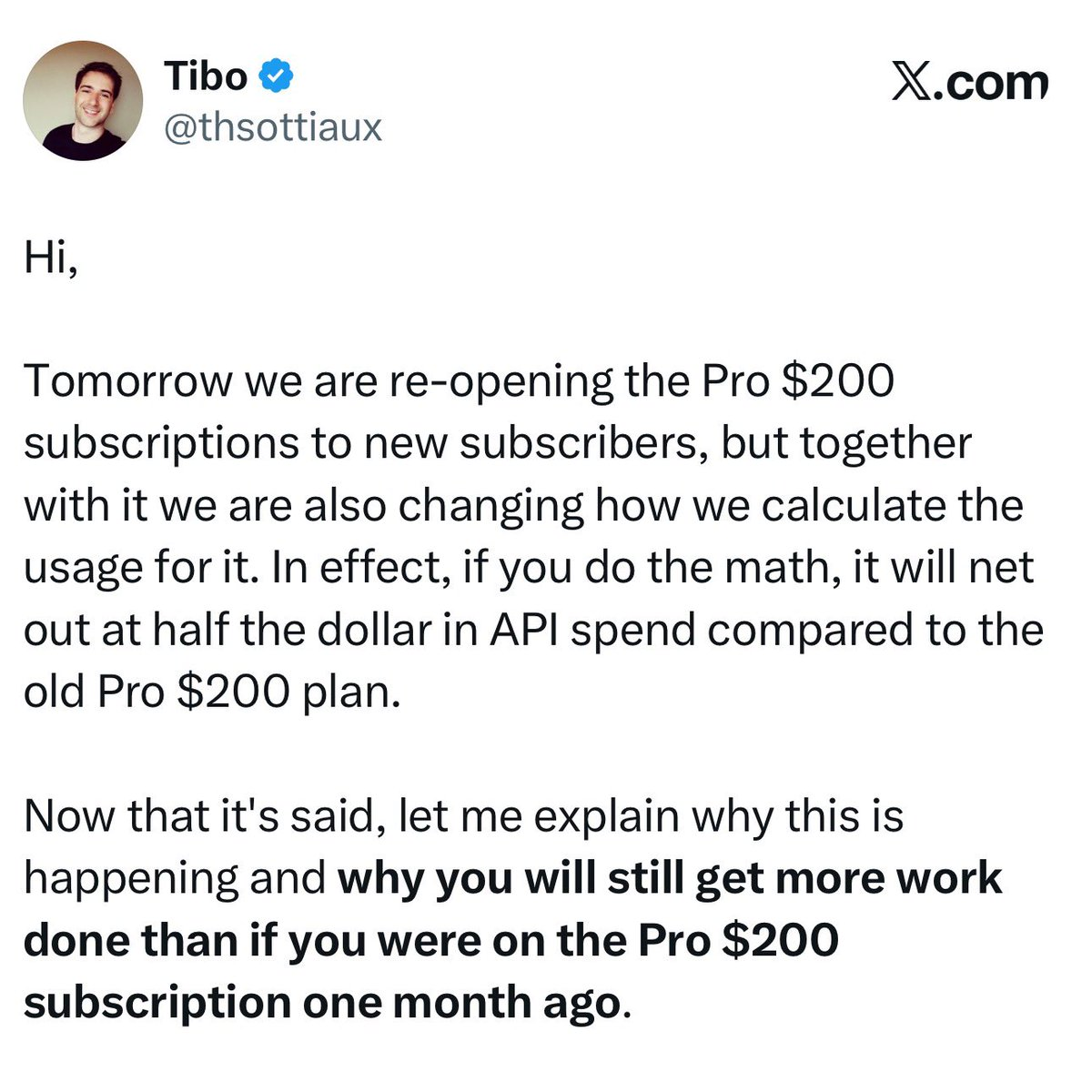 Pro $200 subscriptions reopen tomorrow with usage math that halves effective API spend
